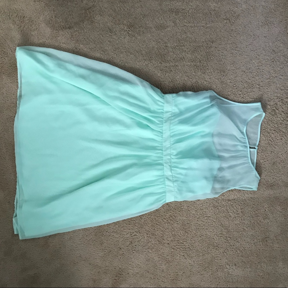 Aqua bridesmaid dress with illusion neckline